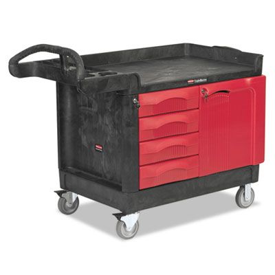 Rubbermaid® Commercial TradeMaster Cart with One Door, Plastic, 3 Shelves, 4 Drawers, 750 lb Capacity, 26.25