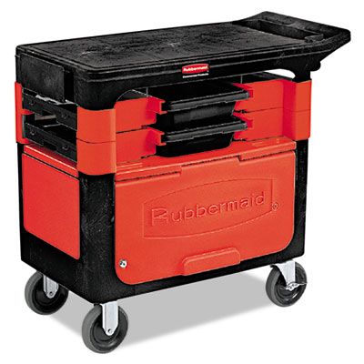 Rubbermaid® Commercial Trades Cart with Locking Storage Area, Plastic, 2 Shelves, 2 Drawers, 330 lb Capacity, 19.25