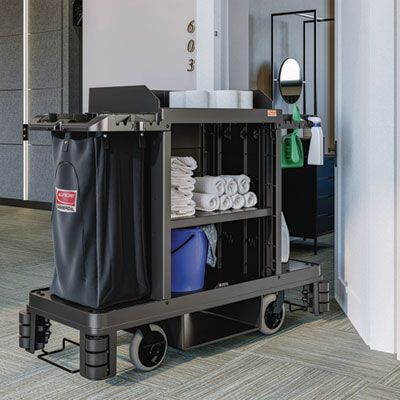 Suncast Commercial® Partially Assembled Premium Housekeeping Cart, Plastic, 1 Shelf, 24 x 62.13 x 49.75, Black