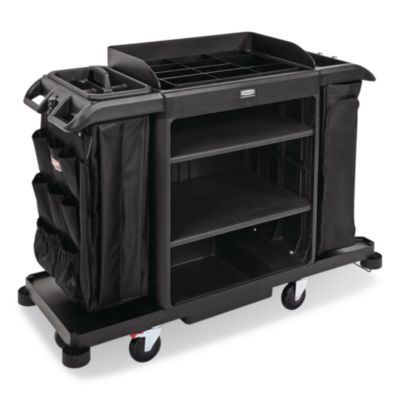 Rubbermaid® Commercial Full Size Housekeeping Cart with Accessory Bundle, Resin, 3 Shelves, 2 Bins, 24.4 x 62.4 x 49, Black