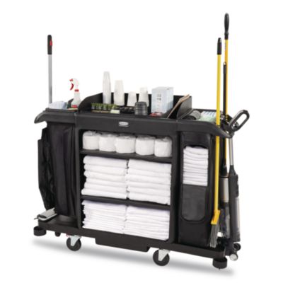 Rubbermaid® Commercial Full Size Housekeeping Cart with Accessory Bundle, Resin, 3 Shelves, 2 Bins, 24.4 x 62.4 x 49, Black