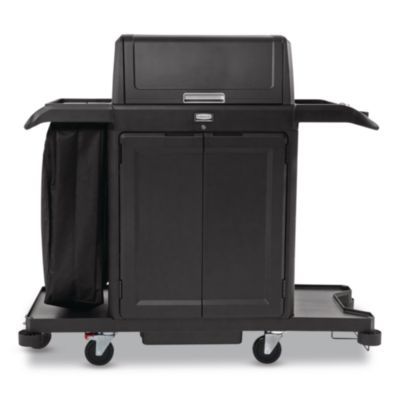 Rubbermaid® Commercial Housekeeping Cart with Hood and Doors, Plastic, 4 Shelves,1 Bin, 24.4 x 62.4 x 56.9, Black