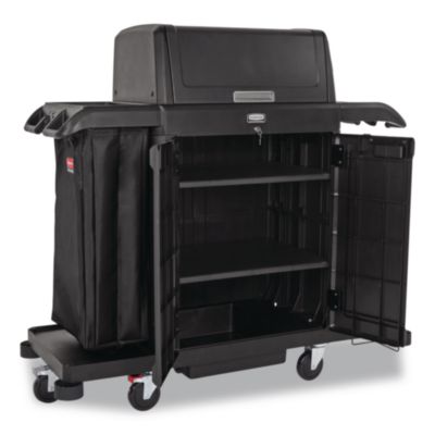 Rubbermaid® Commercial Housekeeping Cart with Hood and Doors, Plastic, 4 Shelves,1 Bin, 24.4 x 62.4 x 56.9, Black