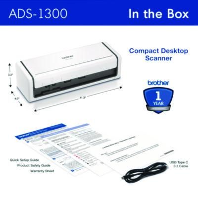 Brother ADS-1300 Compact Desktop Scanner, 600 dpi Optical Resolution, 20-Sheet Duplex Auto Document Feeder
