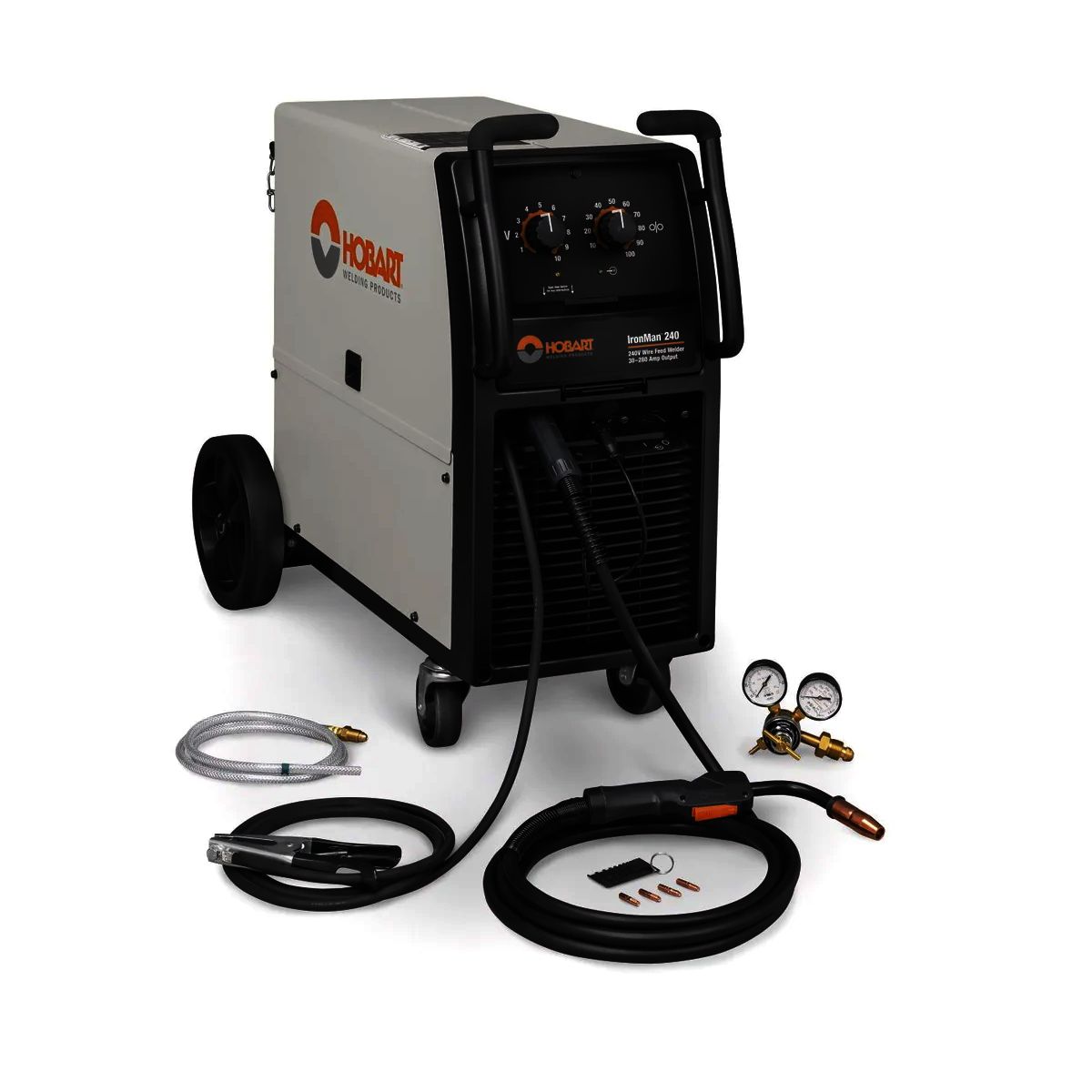 Hobart® IronMan™ 240 Single Phase MIG Welder With 220 - 240 Input Voltage, 240 Amp Max Output, Fan-On-Demand™ Cooling™ And Accessory Package Hobart® IronMan™ 240 Single Phase MIG Welder With 220 - 240 Input Voltage, 240 Amp Max Output, Fan-On-Demand™ Cooling™ And Accessory Package