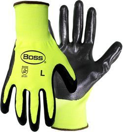 PIP Global Safety® Large Hi-Vis Yellow G-Tek®13 Gauge Black Smooth Nitrile Palm And Finger Coated Work Gloves With Polyester Liner And Knit Wrist
