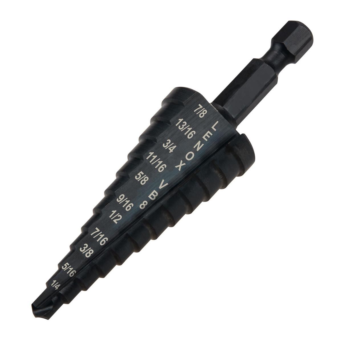 Lenox� 3/16" - 7/8" X 3-3/16" X 1/4" Hex Shank Black Oxide Coated Step Drill Bit