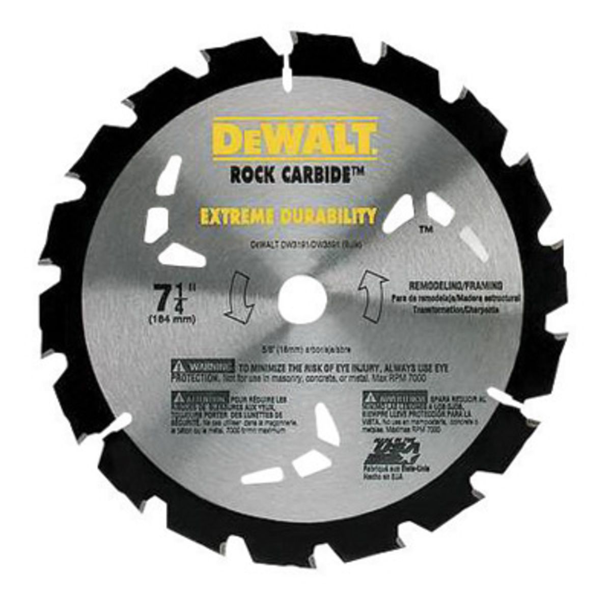 DEWALT� 7 1/4" 18 Teeth Rock Carbide�/Series 20� Tungsten Carbide Tipped Circular Saw Blade