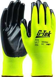PIP Global Safety® Medium Hi-Vis Yellow G-Tek® 13 Gauge Black Smooth Nitrile Palm And Finger Coated Work Gloves With Polyester Liner And Knit Wrist