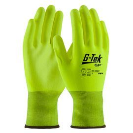PIP Global Safety® Medium G-Tek® 13 Gauge Hi-Vis Yellow Flat Polyurethane Palm And Finger Coated Work Gloves With Nylon Liner And Knit Wrist