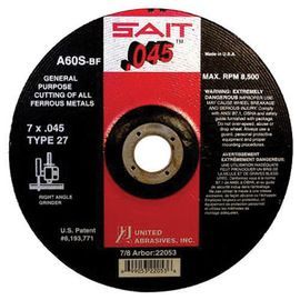 United Abrasives 4 1/2 United Abrasives 4 1/2" X .045" X 7/8" SAIT Aluminum Oxide Depressed Center Type 27/Type 42 Cut-Off Wheel