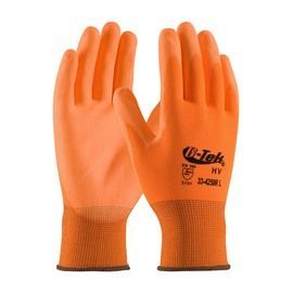 PIP Global Safety® Medium G-Tek® 13 Gauge Hi-Vis Orange Flat Polyurethane Palm And Finger Coated Work Gloves With Nylon Liner And Knit Wrist