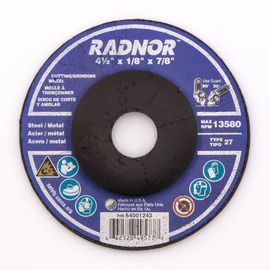 RADNOR™ 4.5" X 1/8" X 7/8" Ceramic Alumina Depressed Center Type 27 Grinding/Cut-Off Wheel