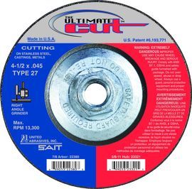 United Abrasives 4 1/2 United Abrasives 4 1/2" X .045" X 5/8" - 11 The Ultimate Cut™ Proprietary Blend Depressed Center Type 27/Type 42 Cut-Off Wheel