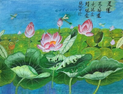 Art, Framed Original - Zhi Ming Wu - Waterlilies