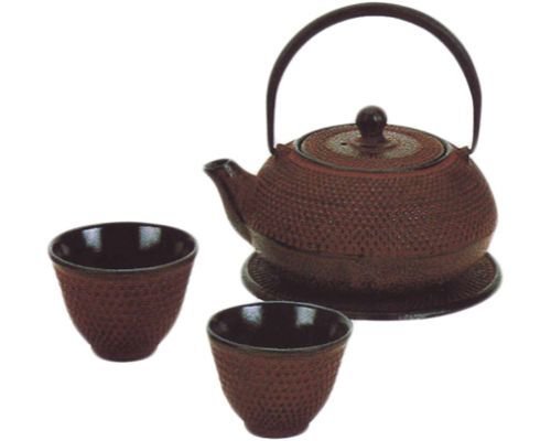 Cast Iron Tea Set, Please choose color: 15 oz red teapot and 2 cups
