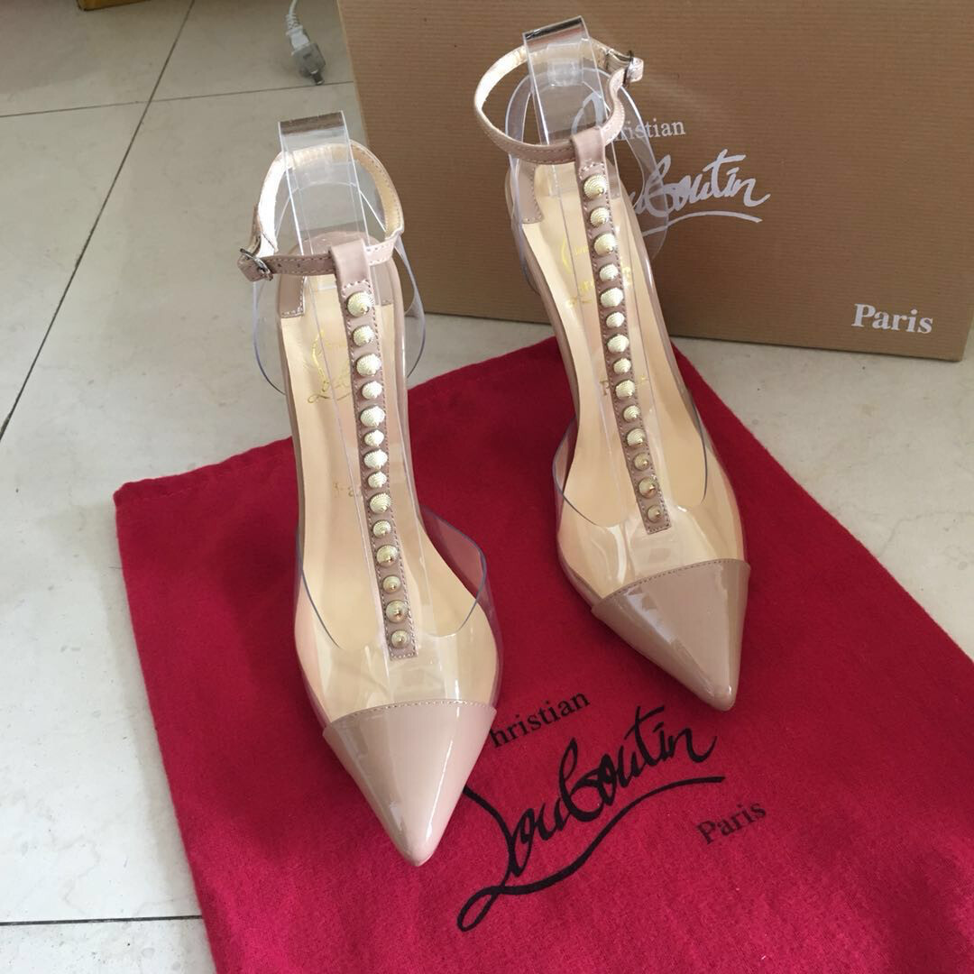 IN STOCK 1:1 Christian Louboutin Nosy Spikes PVC / leather pumps 100mm Patent Nude Size 6.5/ 7 US