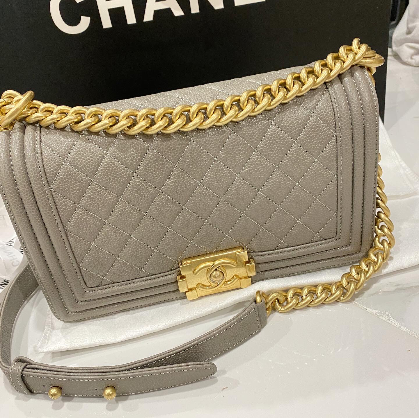 PRE ORDER - 1:1 Chanel Le Boy bag - Grey Caviar / Old Medium 25cm