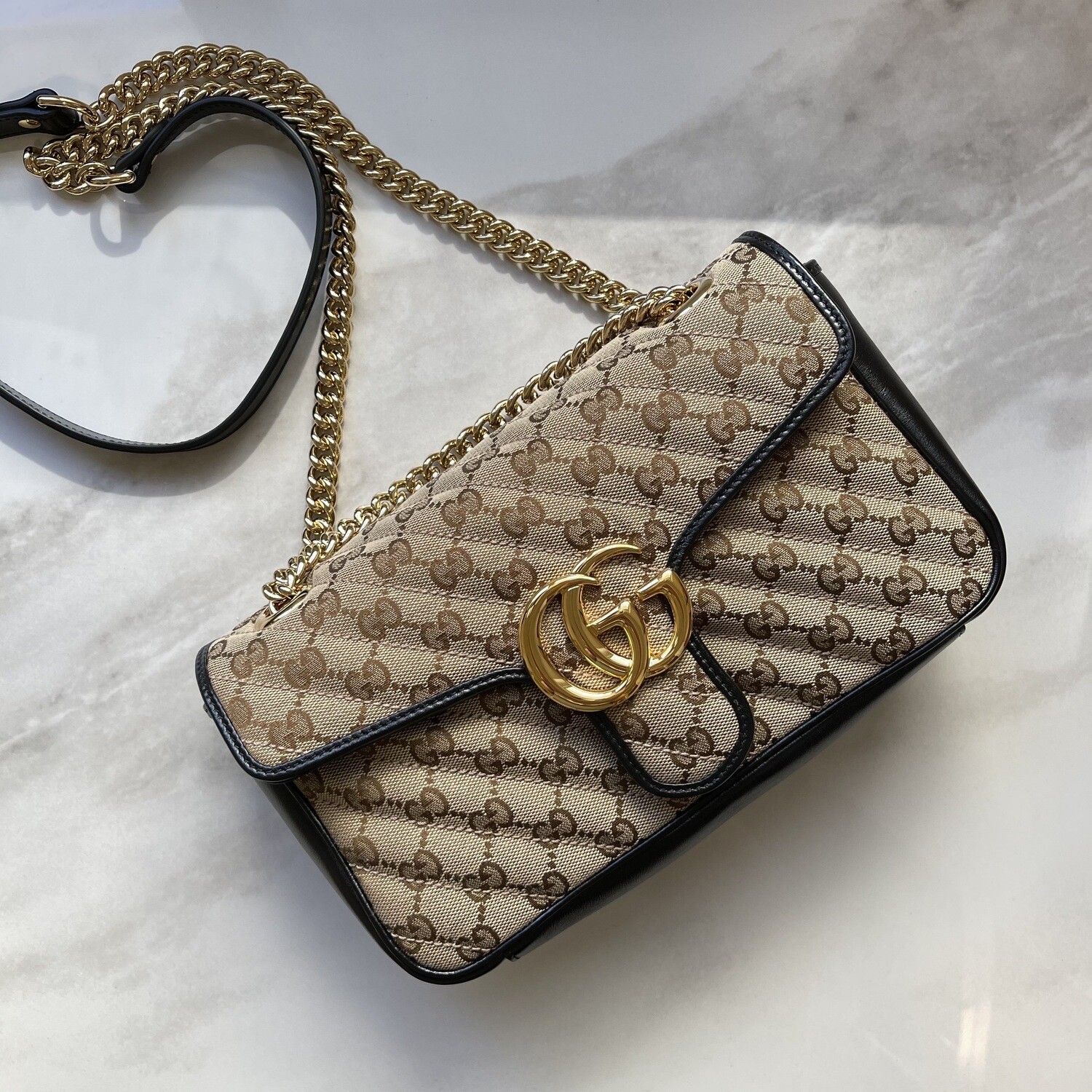IN STOCK NOW 1:1 Gucci GG Marmont Matelasse Shoulder Bag - Beige Ebony 10 inch