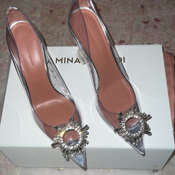 IN STOCK: (9/10 condition) Amina Muaddi Begum PVC Clear Pump Heel Size  8-8.5 US / 40EU