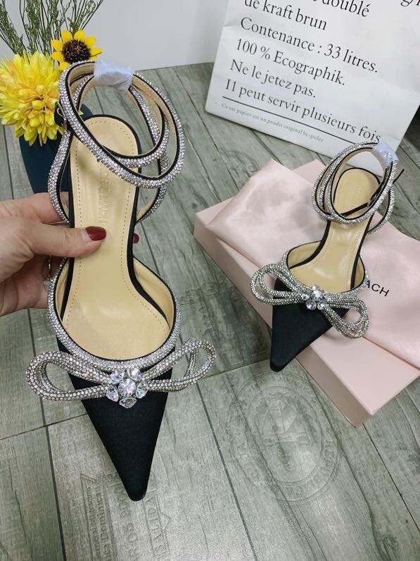 PRE ORDER : 1:1 Mach &amp; Mach Double Bow Crystal- EMbellished Satin Pumps Heels Size 38 / 7-7.5US