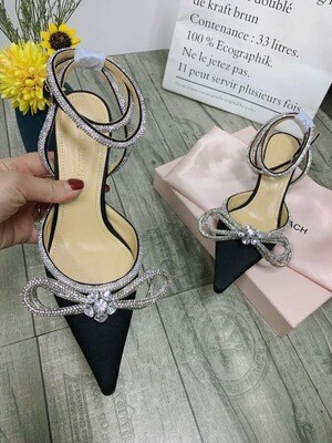 PRE ORDER : 1:1 Mach &amp; Mach Double Bow Crystal- EMbellished Satin Pumps Heels Size 38 / 7-7.5US