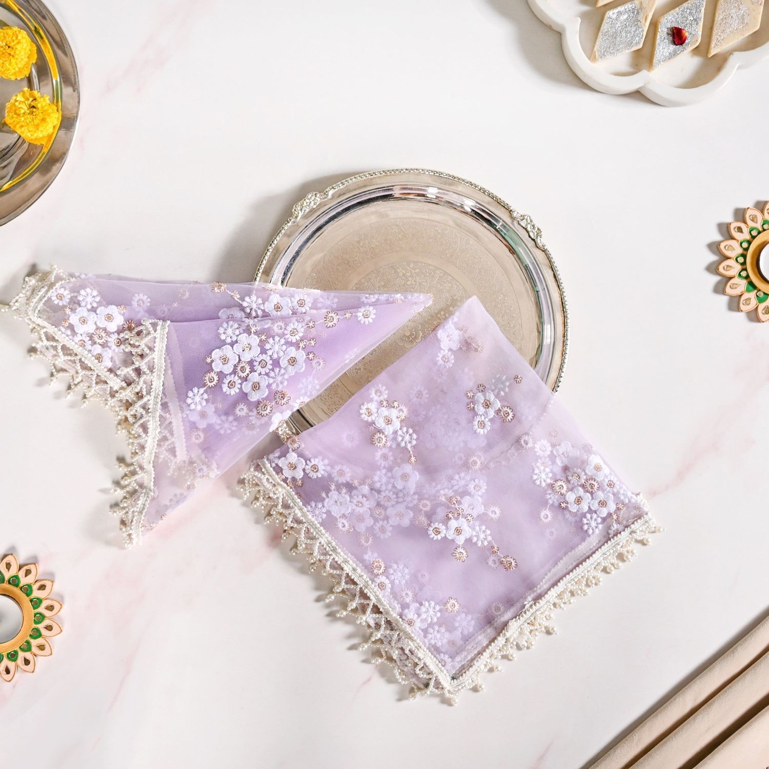 Wedding Floral Thali Cover Set Of 2 Lavender