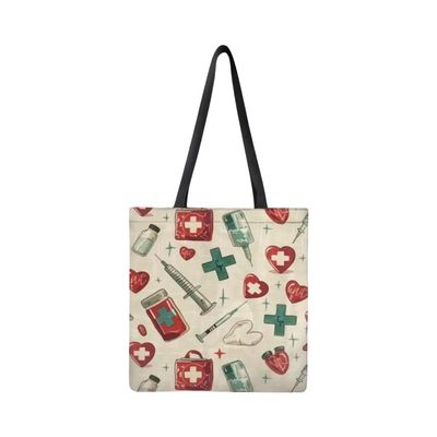 Beige Fabric Tote Bag with Medical Print Beige Fabric Tote Bag with Medical Print