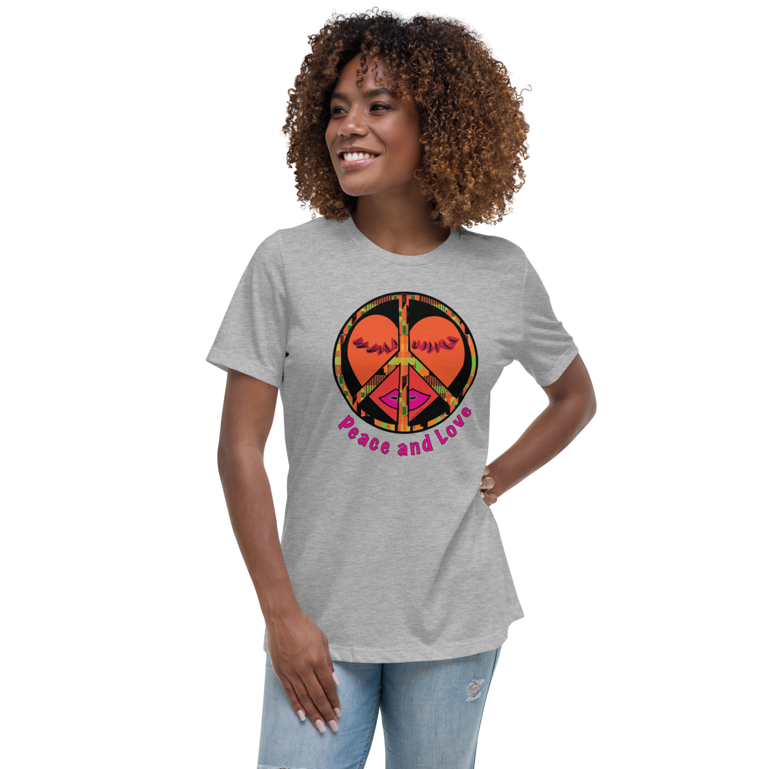Peace &amp; Love Women&#39;s Relaxed T-Shirt (Orange Heart)