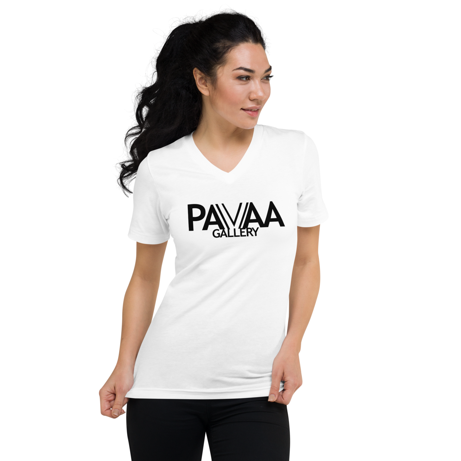 Official PAVAA logo in black on a white V-neck t-shirt