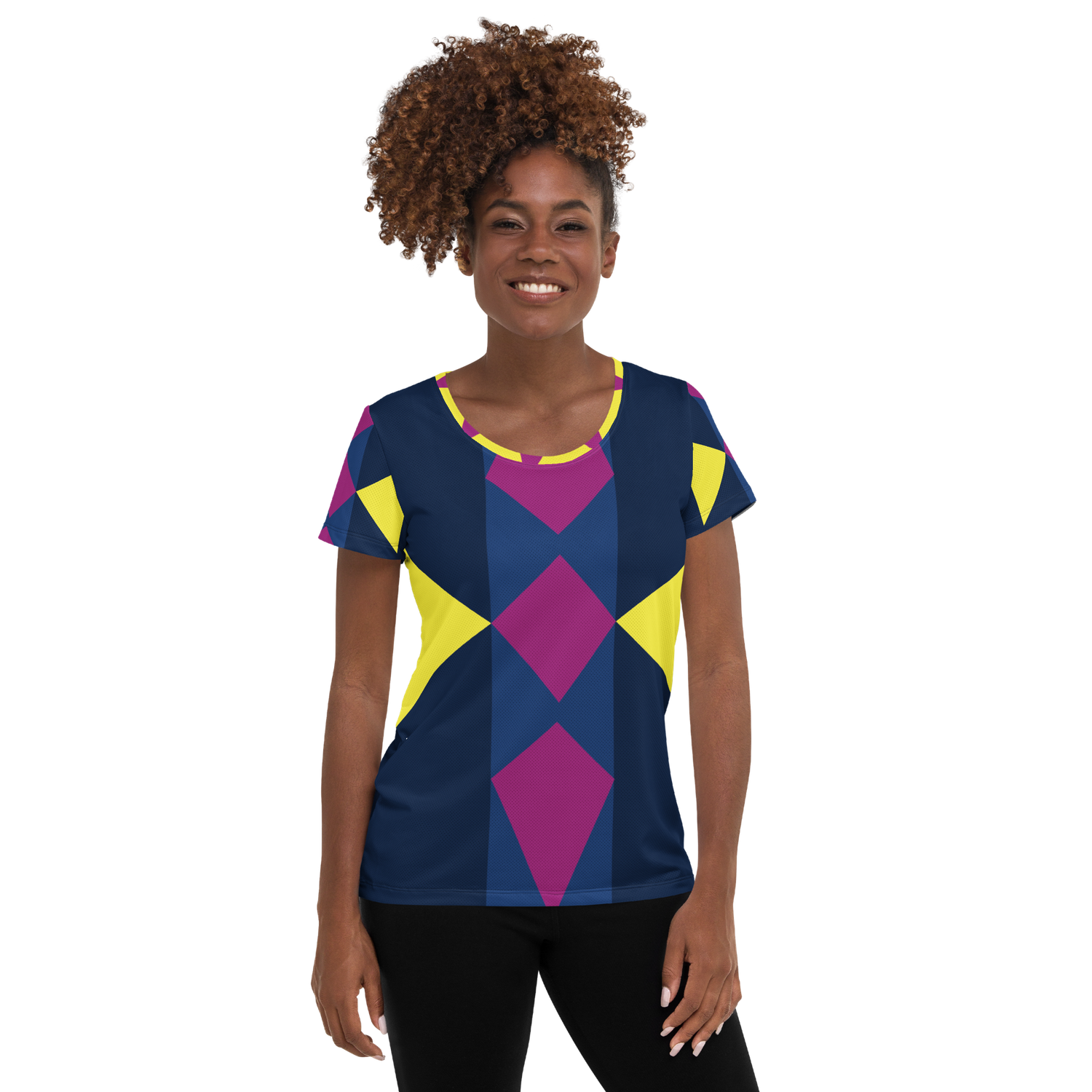 Yellow, maroon &amp; blue. geometric shapes all over the front and back of the t-shirt.  