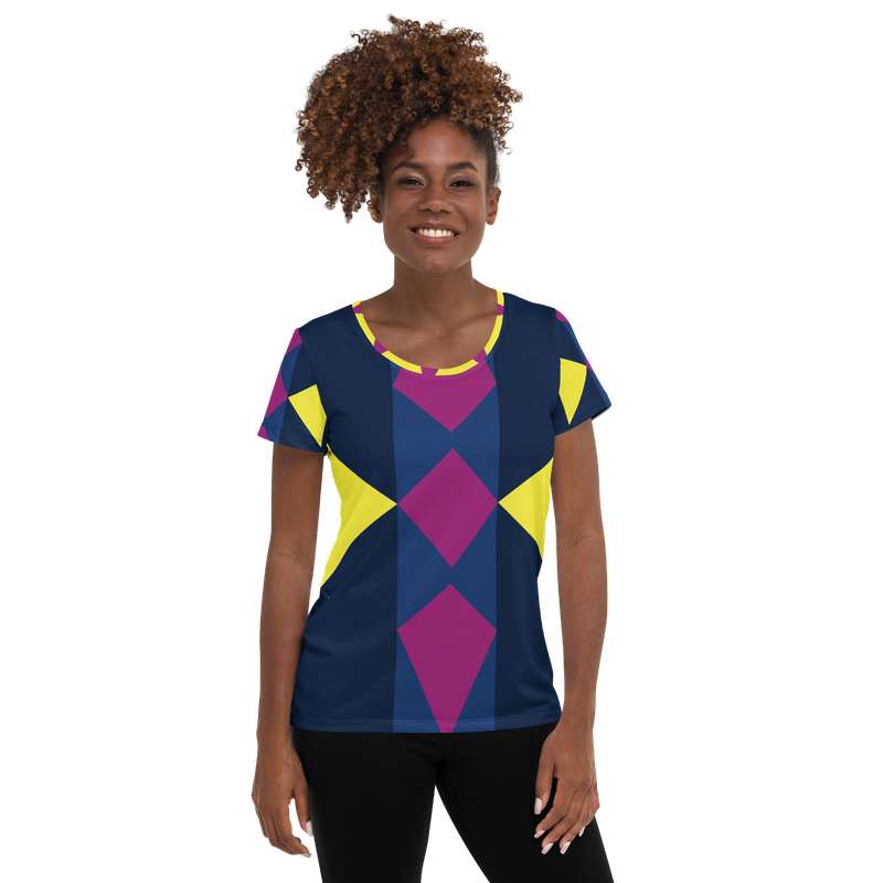 Yellow, maroon &amp; blue. geometric shapes all over the front and back of the t-shirt.  