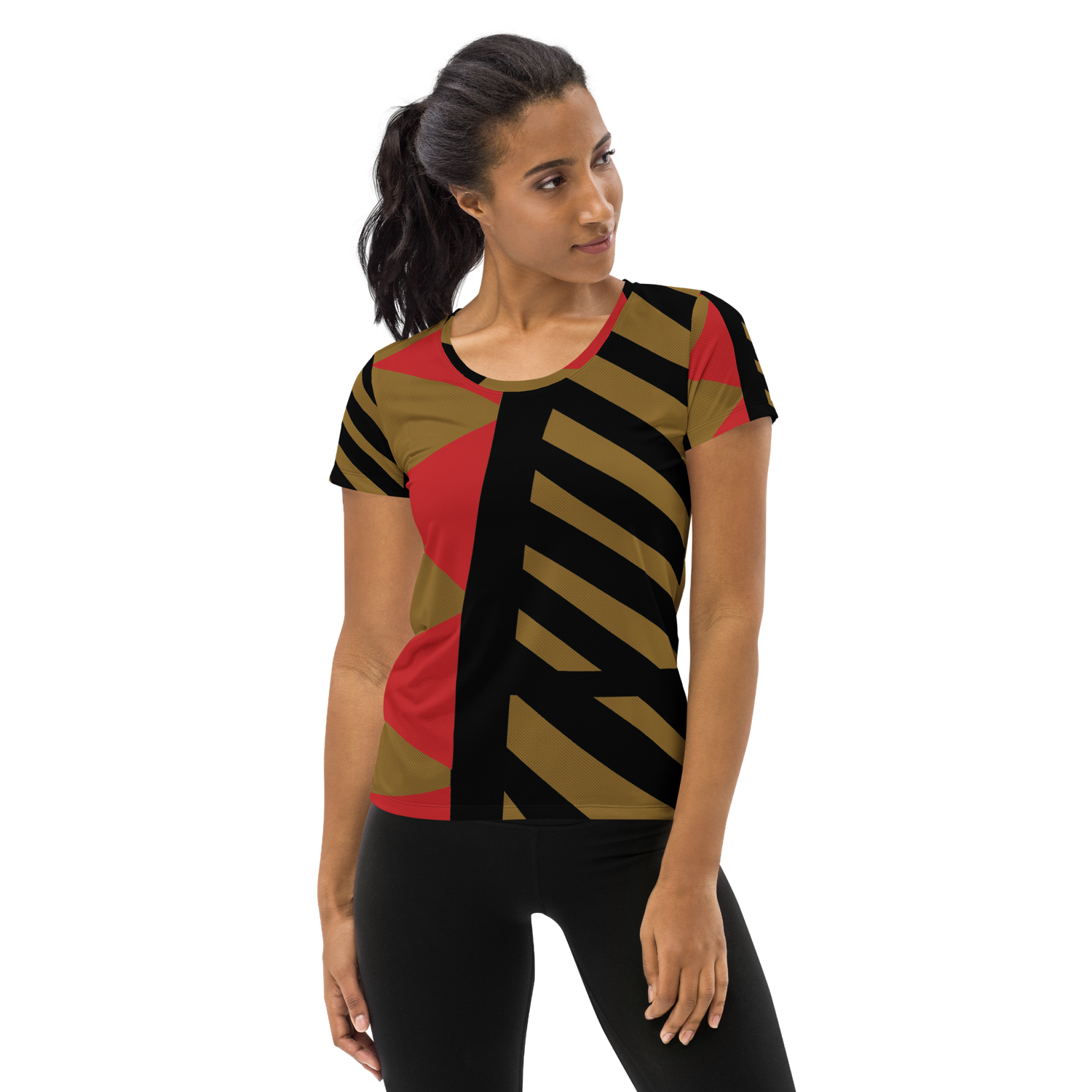 Black, brown, orange geometric shapes cover this t-shirt front &amp; back.