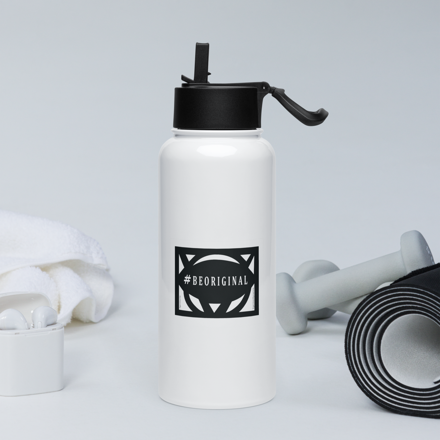 White stainless steal water bottle with straw, handle, and black design