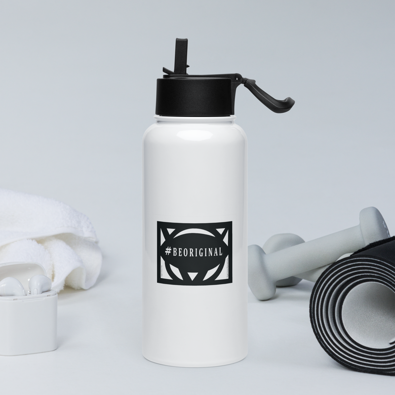 White stainless steal water bottle with straw, handle, and black design
