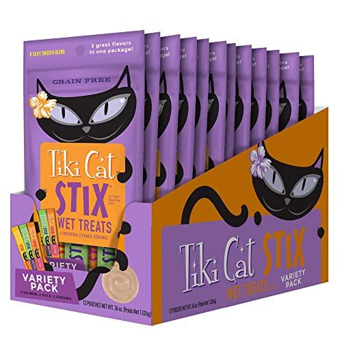 TIKI PETS Cat Stix Wet Treats Topper, Grain Free Lickable Smooth Blend in Creamy Gravy, Variety Pack Tuna, Duck, Salmon 3OZ