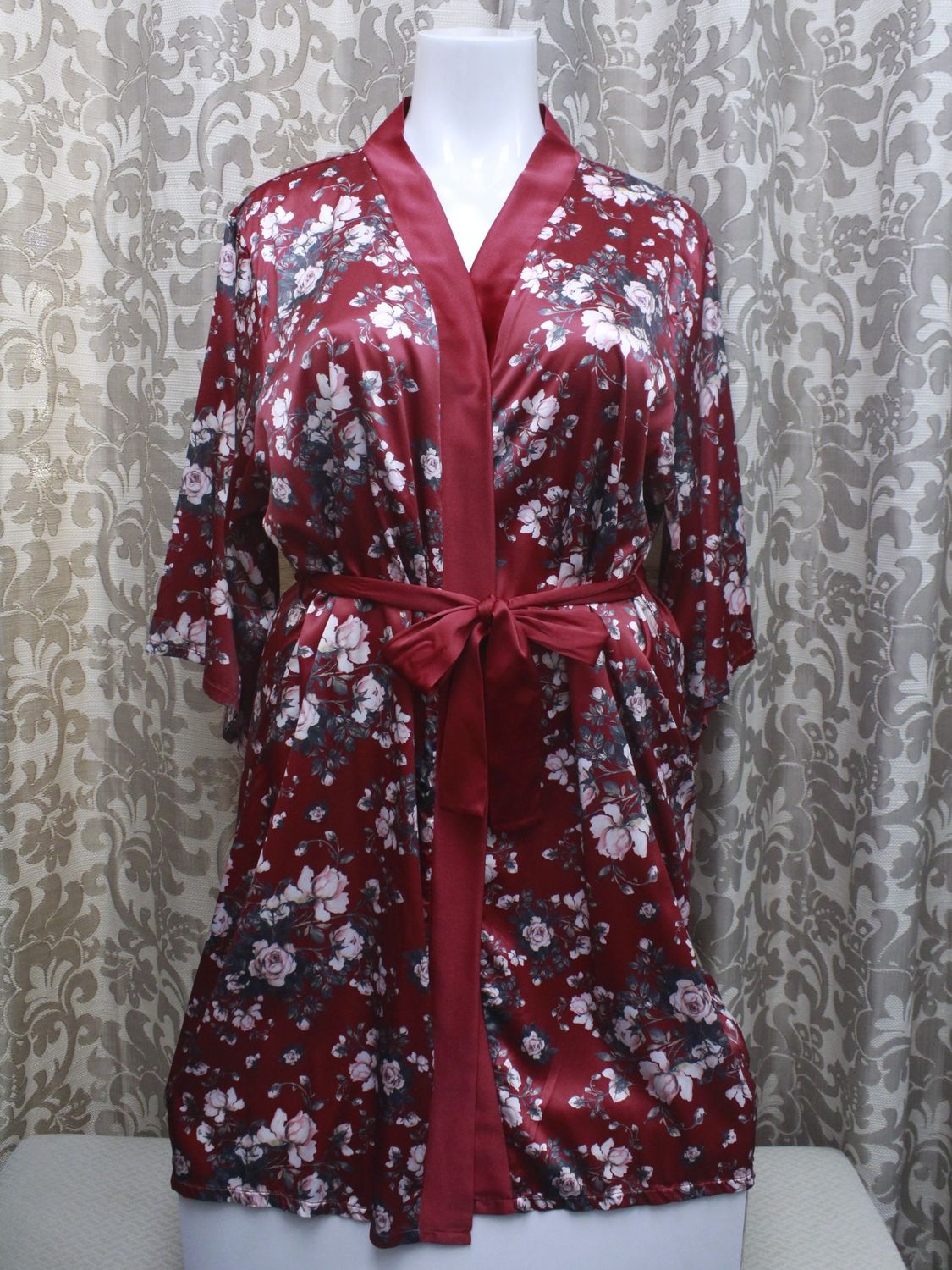 Satin Floral Robe / Burgundy