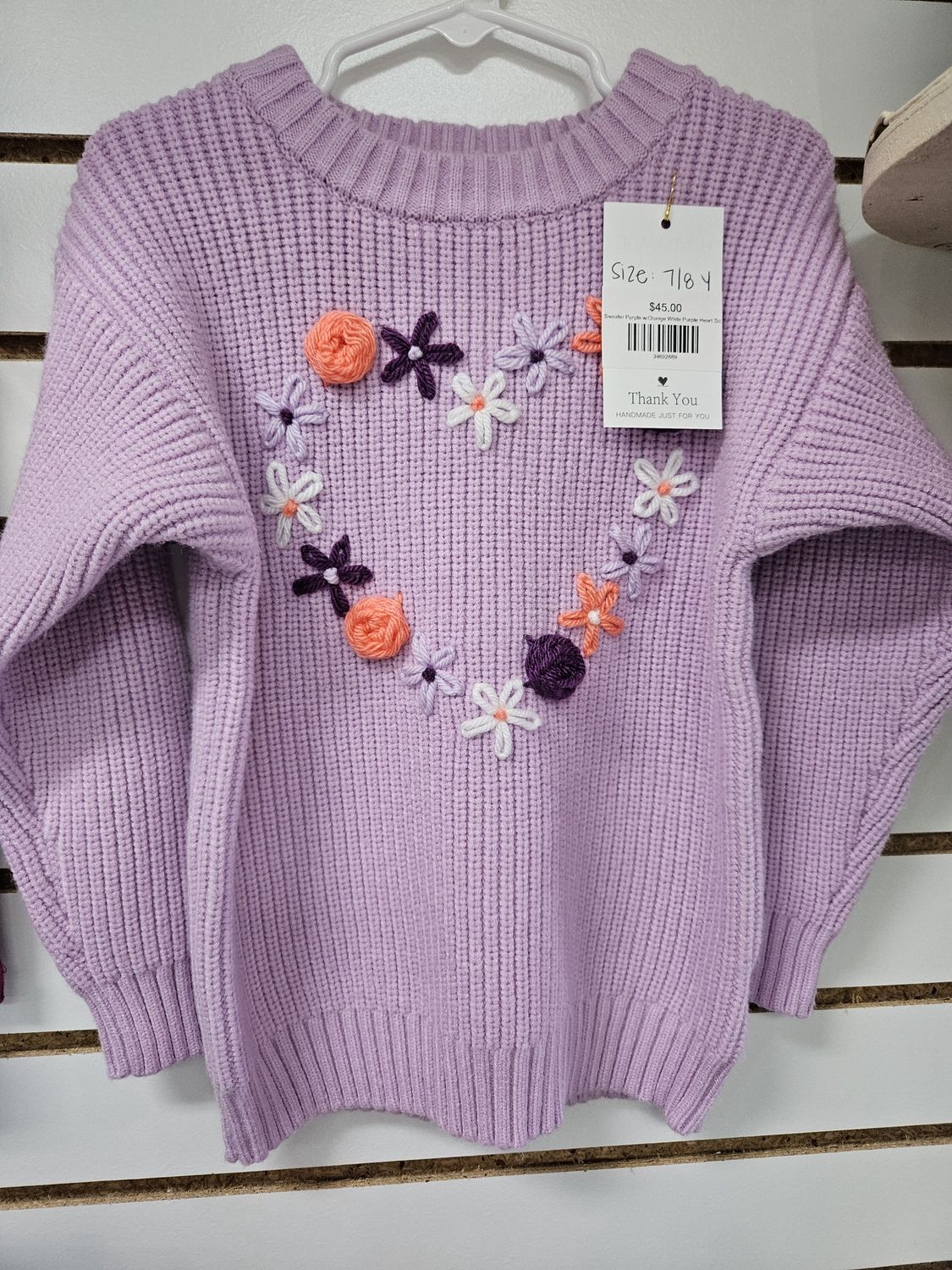 Embroidered Sweater, purple w/orange, white purple flower heart 7/8year