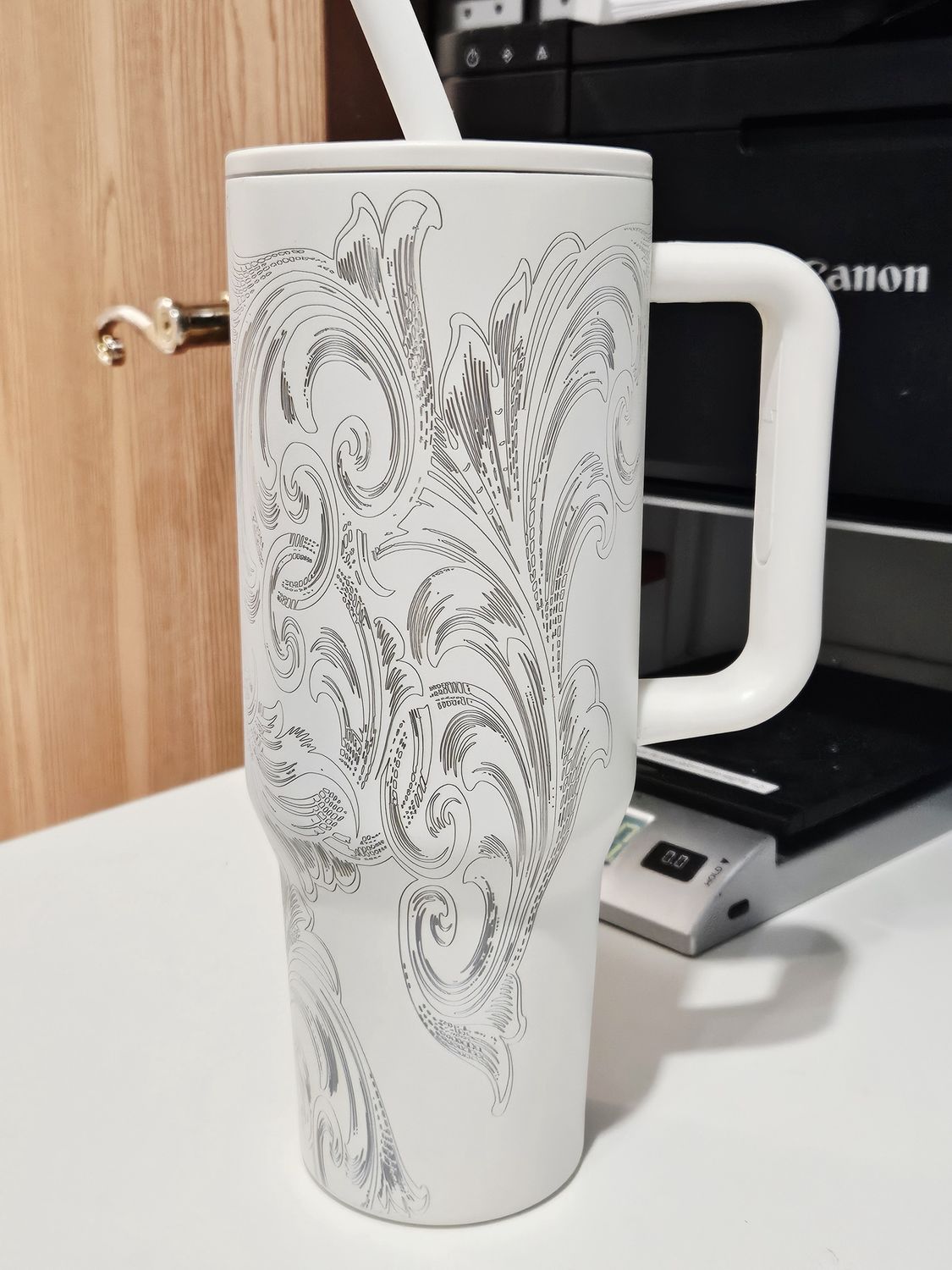 White Engraved Flourish Stainless Steel Handle Mug
