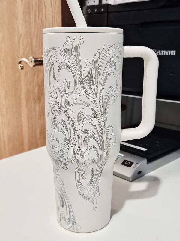 White Engraved Flourish Stainless Steel Handle Mug