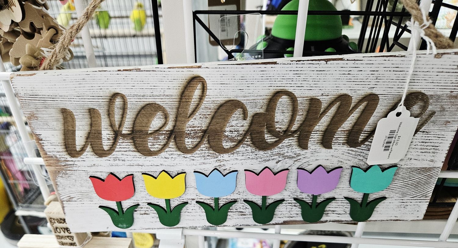 welcome sign white w/flowers