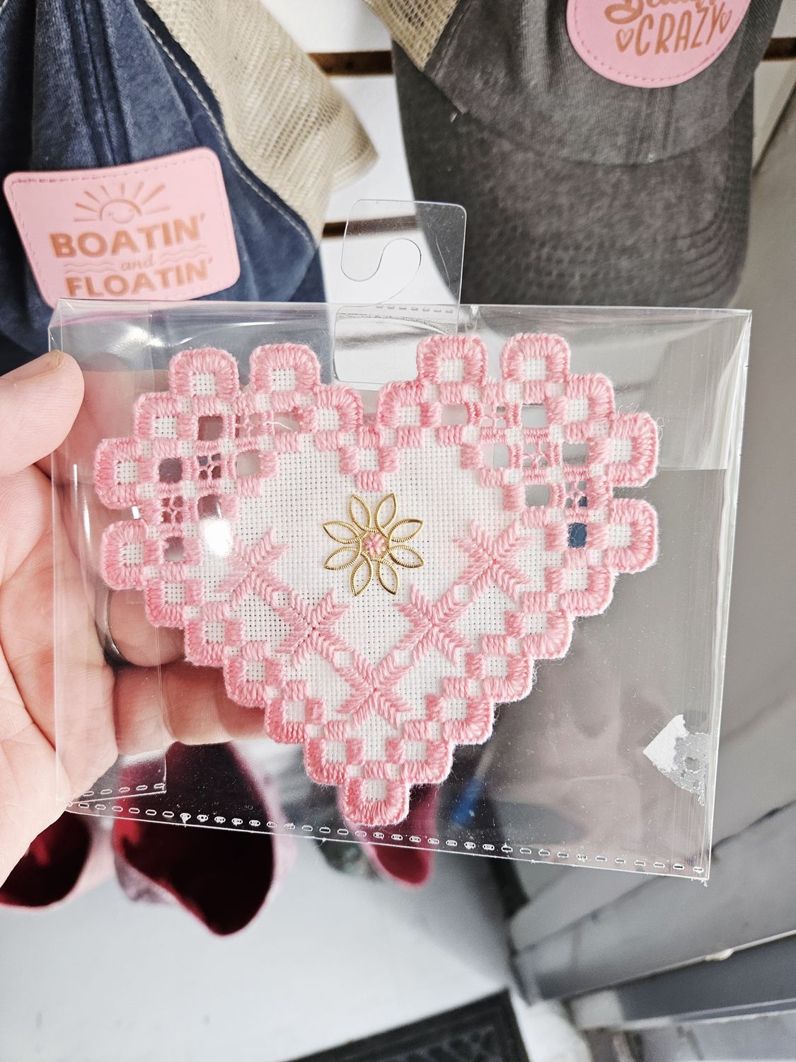 Pink hardanger heart doily