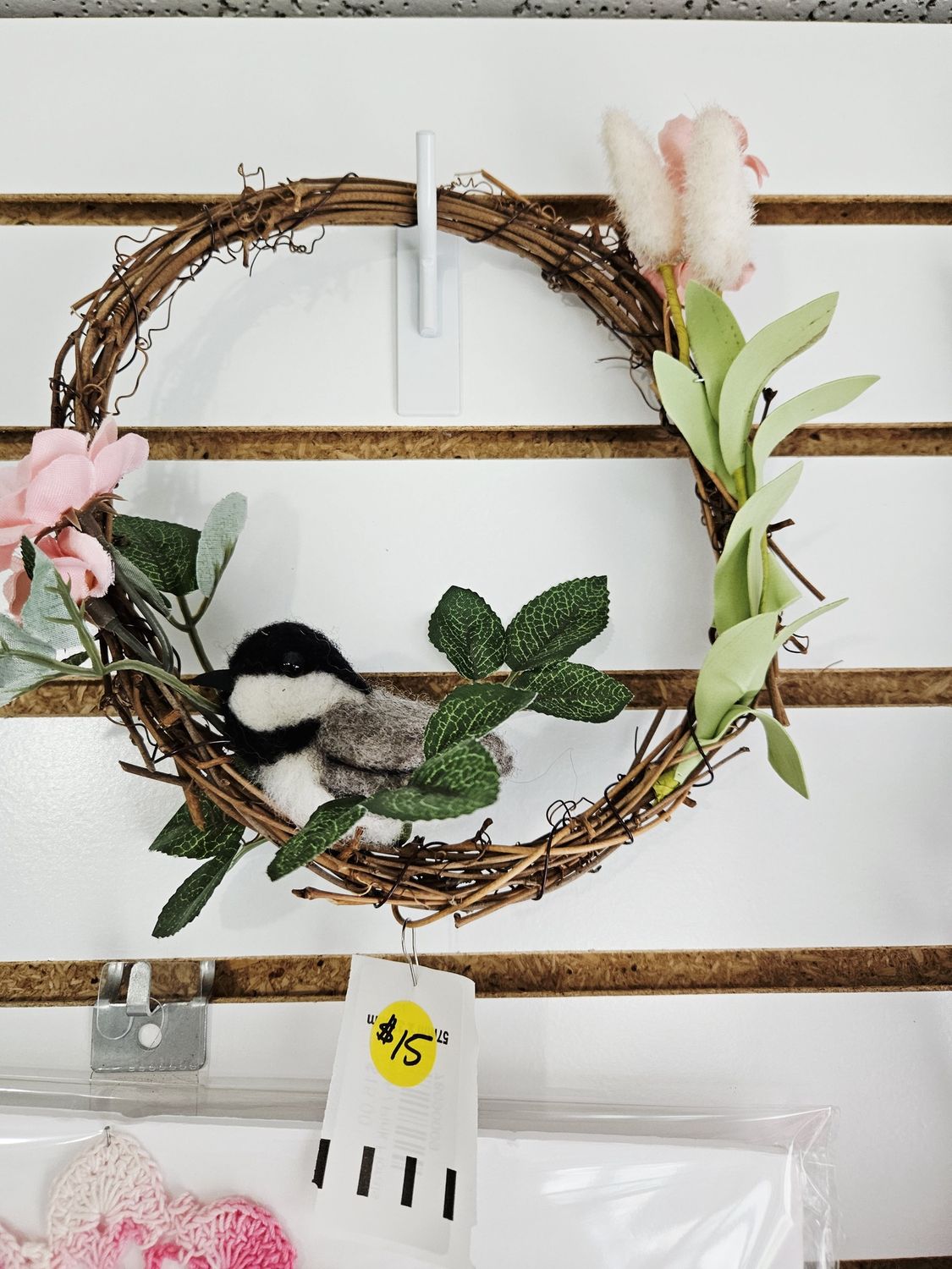Felted Bird Wreath Pink Flowers