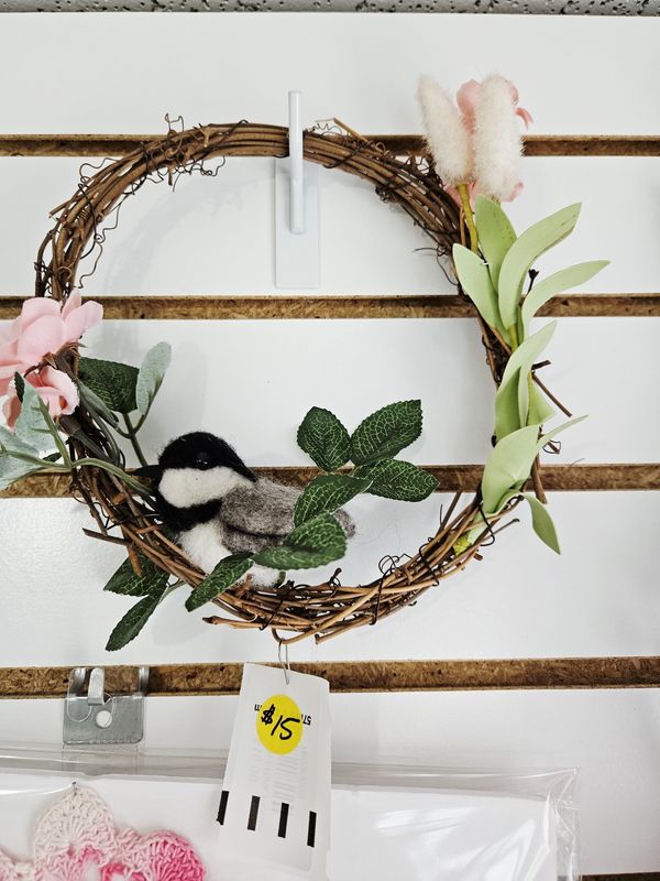 Felted Bird Wreath Pink Flowers