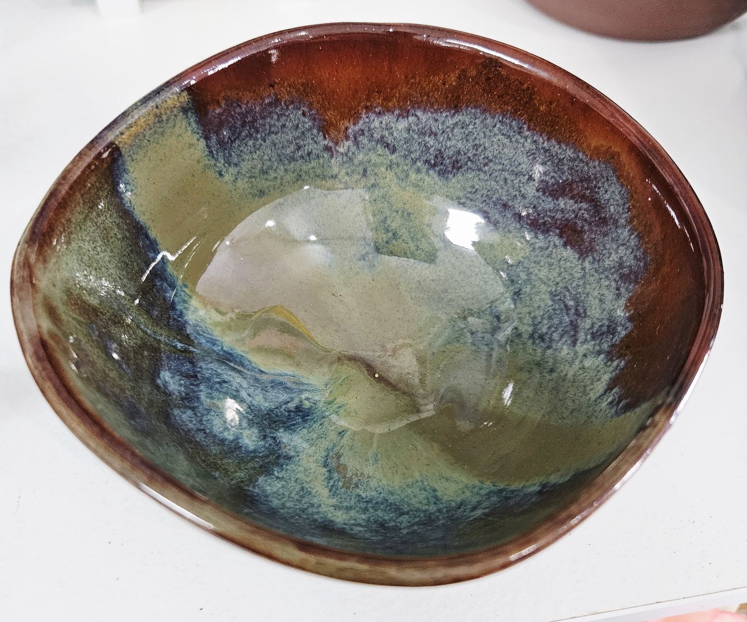 Small Red Clay Bowl, Green &amp; Blue inside
