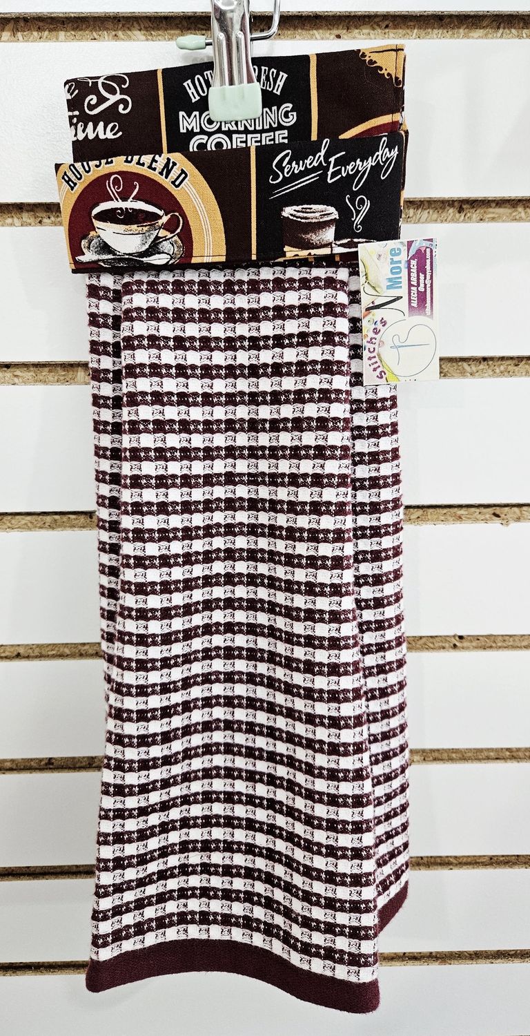 Maroon &amp; White Towel with Morning Coffee Topper