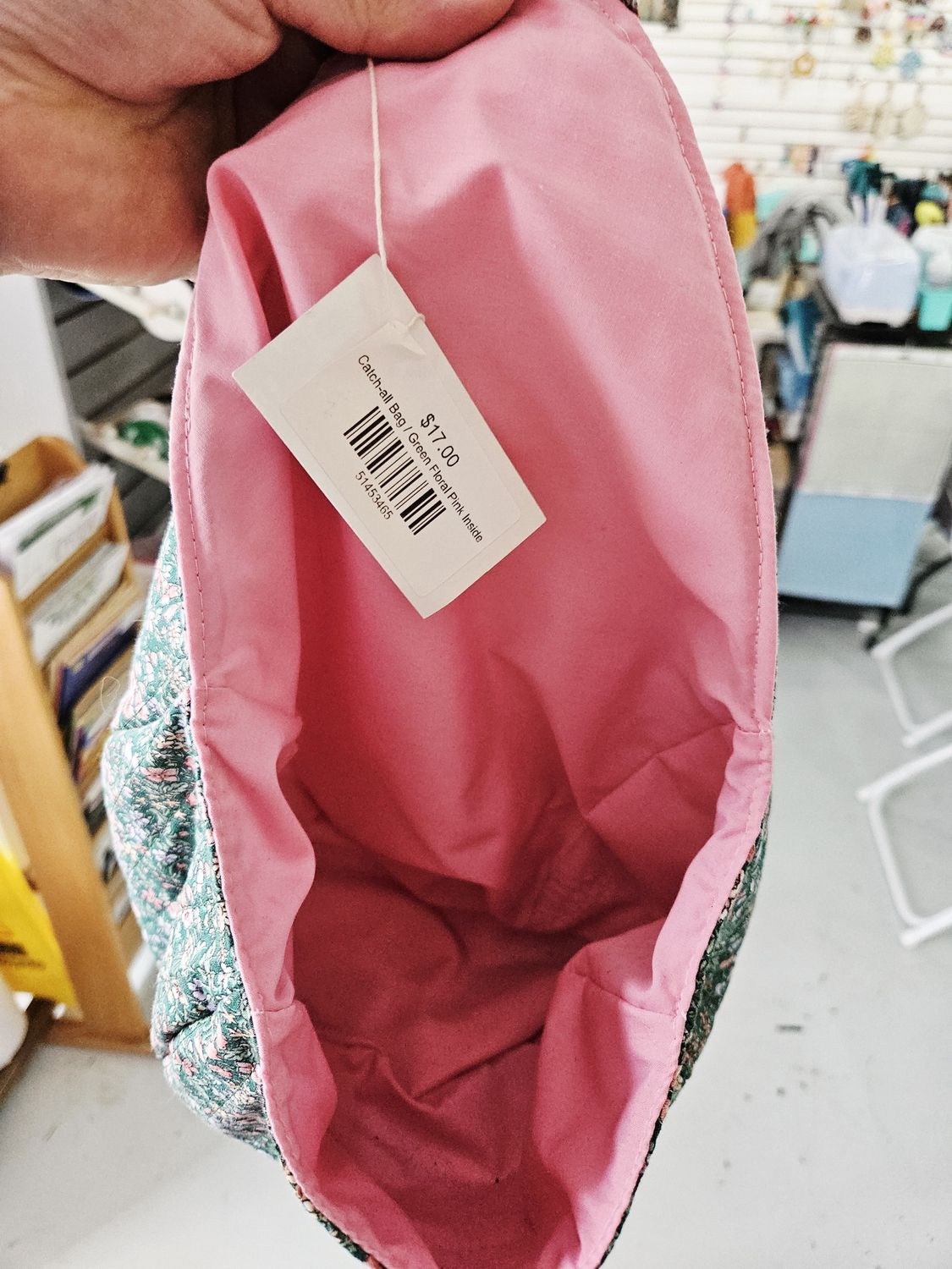Large catch all bag - green floral pink inside