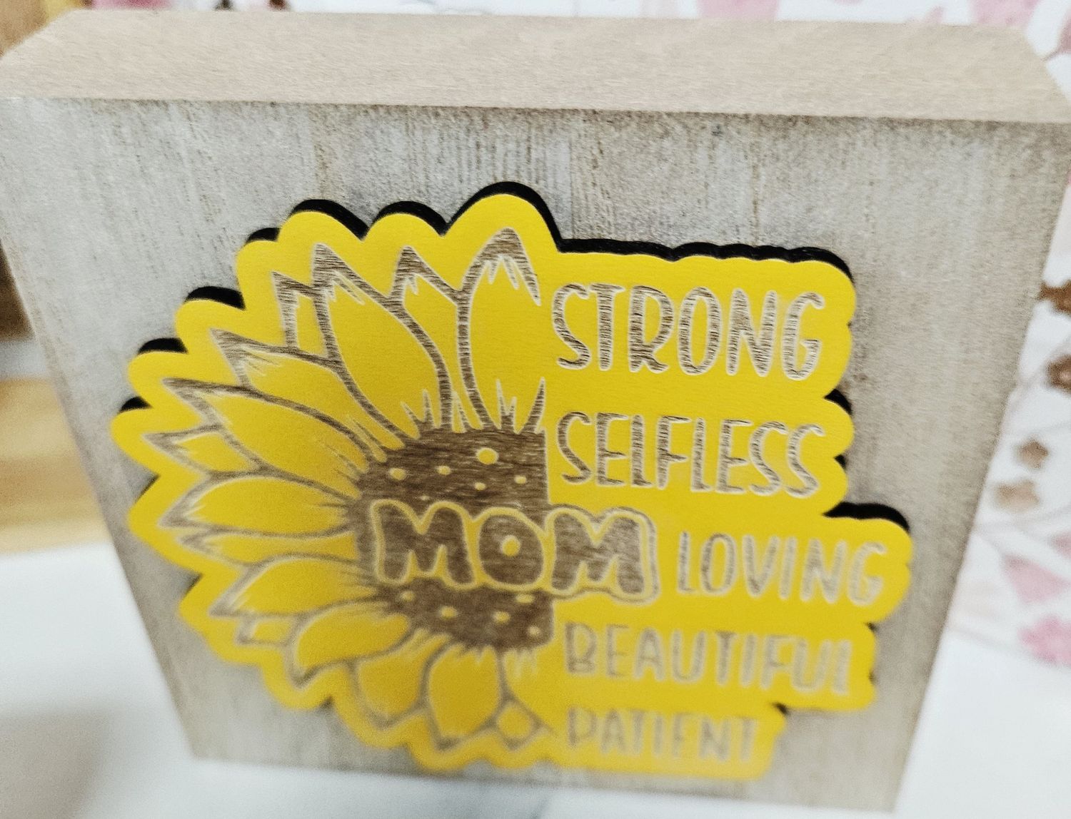 mom sunflower wood block