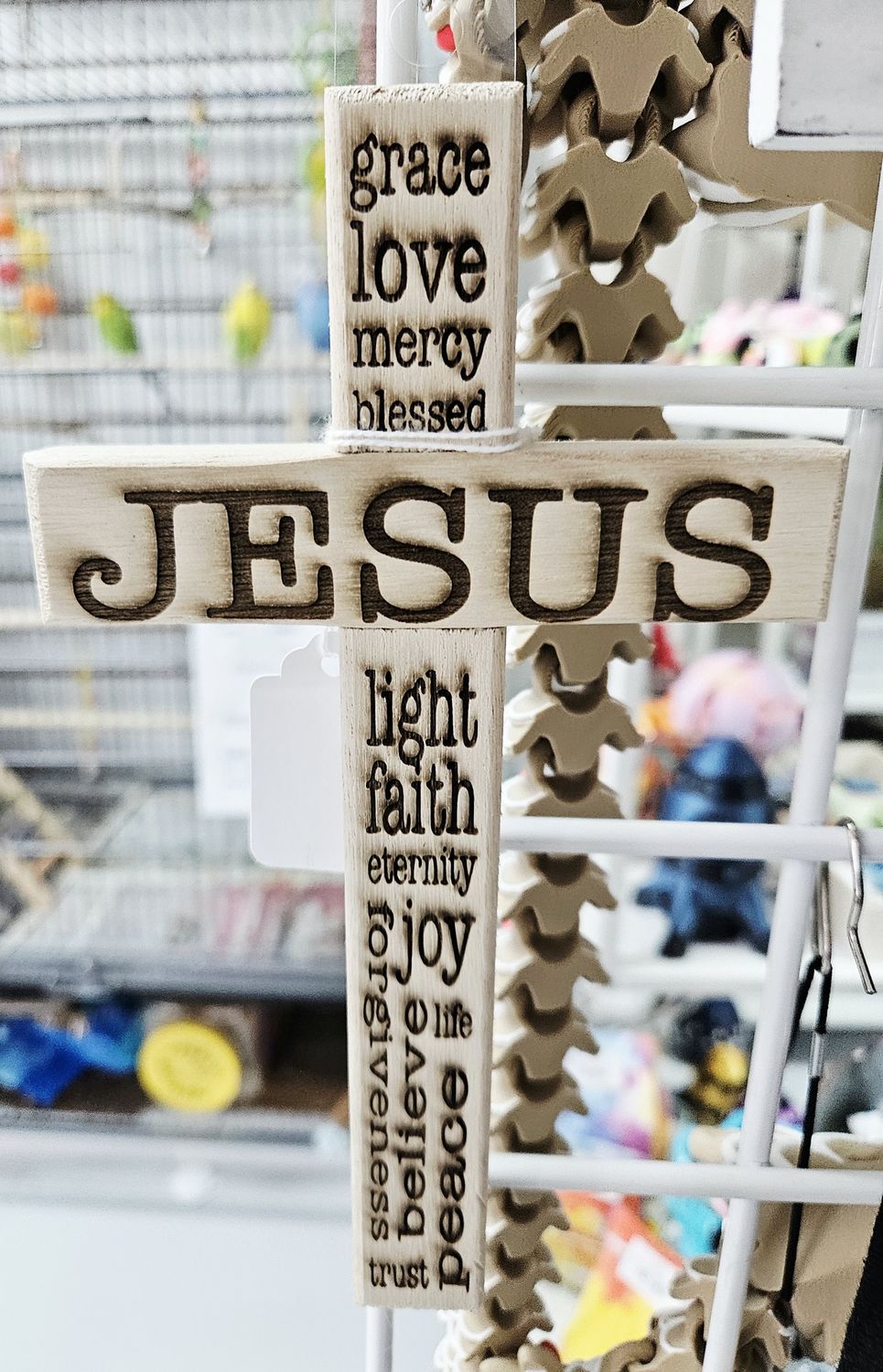 wood cross w/jesus &amp; other words