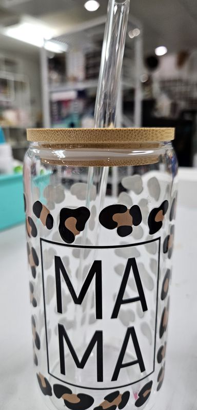 Mama Leopard Print Glass Can